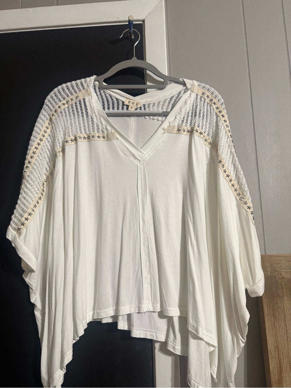 POL White V-Neck Crochet-Trim Tunic Top